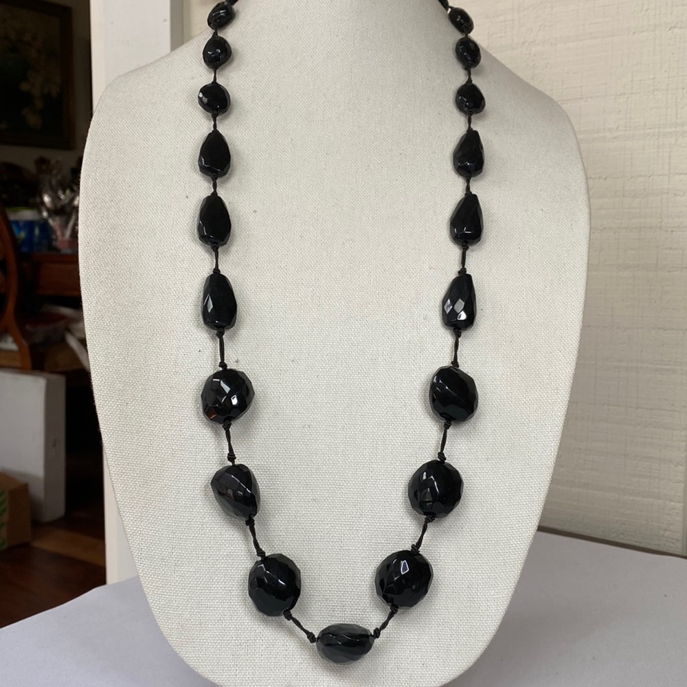 Interesting long smushed faceted black bead necklace